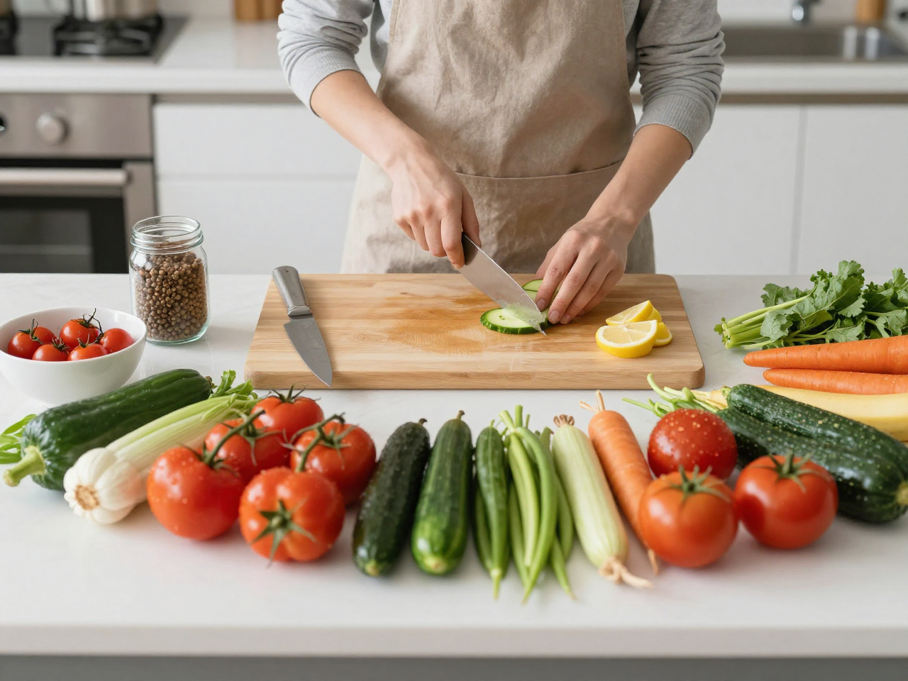 Kitchen preparation with diverse ingredients for balanced meals